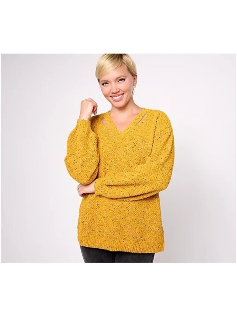 AnyBody Sweater Size Large V Neck Cutout Collar Detail Pullover Golden Yellow